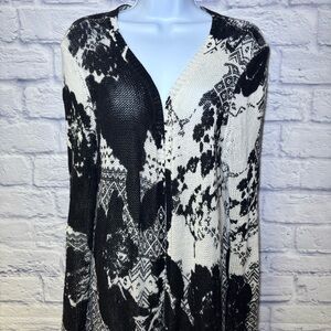 Chicos black white linen blend open front long cardigan sweater women’s Size 2